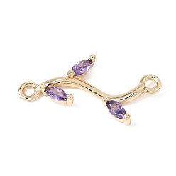Púrpura Media Dijes de conector de zirconia cúbica micro pavé de latón, enlaces de ramas de hojas, real 18 k chapado en oro, púrpura medio, 21x12x3 mm, agujero: 1.3 mm