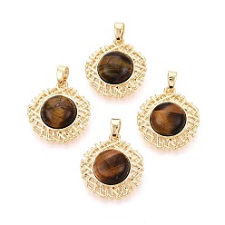 Настоящее золото 18K Природных тигровый глаз подвески, плоские круглые подвески с латунными оправами, реальный 18 k позолоченный, 20x18x6~6.5 мм, отверстие : 4.5x2.5 мм