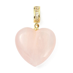 Розовый Кварц Природного розового кварца подвески, сердце прелести, с латунными креплениями для штифтов, инкрустированными прозрачным кубическим цирконием., золотые, 31.5 мм, Кулон : 22x20.5x7.5 мм, отверстие : 5.5x3.5 мм