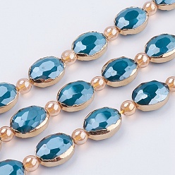 Dark Cyan Opaque Glass Beads Strands, with Brass Findings, Pearl Luster Plated, Faceted, Oval, Golden, Dark Cyan, 12x16x7.5mm, Hole: 1mm, about 10pcs/strand, 8.2 inch (21cm)