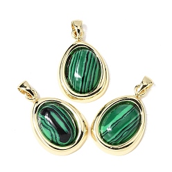 Настоящее золото 18K Синтетического малахита подвески, овальные подвески с латунными оправами с гальваническим покрытием, без свинца и без кадмия, долговечный, реальный 18 k позолоченный, 24x16x5.5 мм, отверстие : 5x3 мм