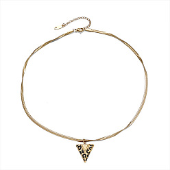 Triangle Leopard Print 304 Stainless Steel Enamel Geometric Pendant Necklaces for Women, Golden, Black, Triangle, 16.14 inch(41cm)