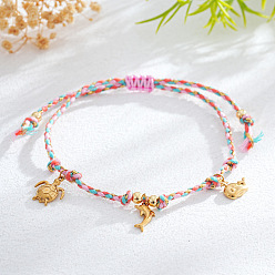Lilac Adjustable Ocean Stainless Steel Charm Braided Cotton Cord Bracelets, Golden, Lilac, 11.02 inch(28cm)