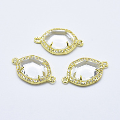 Clear Brass Micro Pave Cubic Zirconia Links, with Glass, Faceted, Oval, Golden, Clear, 26x16x5mm, Hole: 1.6mm