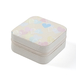 White Heart Printed PU Imitation Leather Jewelry Storage Zipper Boxes, for Necklaces Bracelets Earrings Rings, Square, White, 10x10x5cm