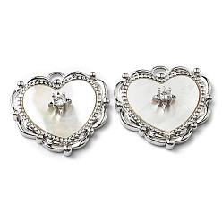 Платина Латуни циркония кубической подвески, с оболочкой, шарма сердца, платина, 19x20x5 мм, отверстие : 1.4 мм