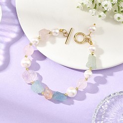 Golden Raw Rough Natural Rose Quartz & Morganite Beaded Bracelets for Women, with 304 Stainless Steel Toggle Clasps and Shell Pearl, Golden, 7.87 inch(20cm)