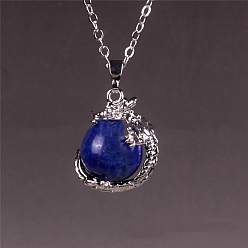 Lapis Lazuli Natural Lapis Lazuli Round Ball Pendants, Sphere Charms with Metal Dragon Wrapped, Platinum, 16mm