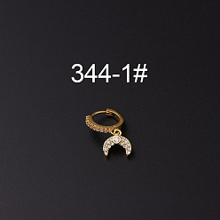 Луна Серьги-кольца с микропаве из латуни и прозрачным кубическим цирконием для крепления на хрящ, золотые, луна, 35x9 мм