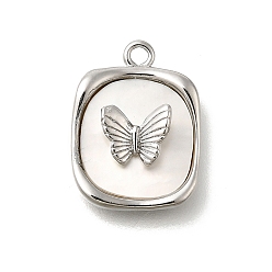 Платина Подвески из латуни с натуральными белыми ракушками, прямоугольник с подвесками в виде бабочек, долговечный, платина, 16.5x12.5x4 мм, отверстие : 1.4 мм