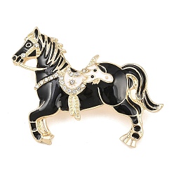 Черный Эмалевый штифт, штыри отворотом сплава горного хрусталя для одежды рюкзака, лошадь, золотые, чёрные, 48x36.5 мм