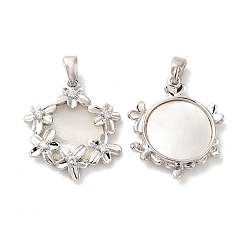 Платина Подвески латунный корпус, с кубического циркония, плоские круглые с цветком, платина, 20.5x17.5x3.5 мм, отверстие : 2x4 мм