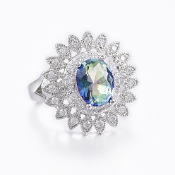 Farbig Trendige Messing Micro pave Zirkonia Fingerringe, ellipsenförmige, Blume, Platin Farbe, Farbig, Größe 7 (17 mm)