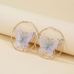 Лиловый Серьги-кольца из сплава и вышитой ткани, кольцо с бабочкой, золотые, сирень, 60x60 мм