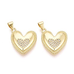 Настоящее золото 16K Подвески из латуни с микро-паве ко Дню святого Валентина, прозрачные циркониевые подвески, сердце прелести, реальный 16 k позолоченный, 19.5x17.5x4 мм, отверстие : 5x3.5 мм