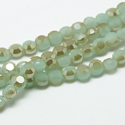 Light Sea Green Electroplate Glass Beads Strands, Half Plated, Imitation Jade, Faceted Flat Round, Light Sea Green, about 6mm in diameter, 4mmm thick, hole: 1mm