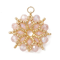 Pink Цвет AB покрытием стеклянные подвески, цветочный шарм, с 304 соединительным кольцом из нержавеющей стали и бисером, граненые, розовые, 23x5 мм, отверстие : 3 мм