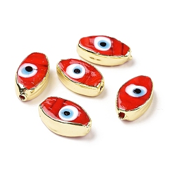Red Handmade Lampwork Beads, with Golden Tone Brass Finding, Cadmium Free & Lead Free, Horse Eye with Evil Eye, Red, 17.5~19x10~10.5x5.5~6.5mm, Hole: 2mm
