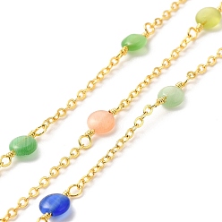Mixed Color Handmade Cat Eye Beaded Chains, Real 18K Gold Plated Brass Cable Chains, with Spool, Cadmium Free & Lead Free, Flat Round, Mixed Color, Link Chain: 14~15x6x3mm, Flat Round: 14~15x6x3mm