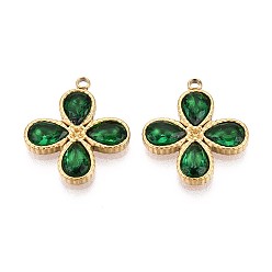 Темно-Зеленый 304 подвески из нержавеющей стали и стекла в форме четырехлистника, ионное покрытие (ip), реальный 18 k позолоченный, граненые, темно-зеленый, 19x16.5x3 мм, отверстие : 1.4~1.6 мм