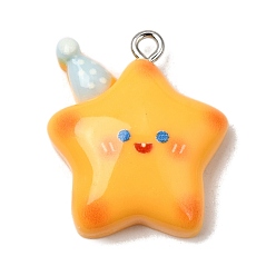 Yellow Opaque Resin Pendants, Smiling Star with Party Hat Charm, with Platinum Zinc Alloy Loop, Yellow, 24.5x21x7.5mm, Hole: 2mm