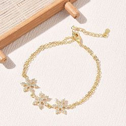 Chapado en Oro Real 18K Pulseras de eslabones triples con forma de flor, engastadas con micro circonitas cúbicas transparentes y latón., larga duración plateado, chapado en rack, sin plomo y el cadmio, real 2 k chapado en oro, 18 pulgada (6.50 cm)