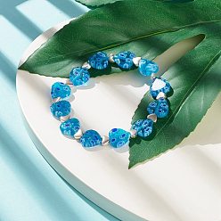 Deep Sky Blue Handmade Millefiori Lampwork & Alloy Heart Beaded Stretch Bracelet, Flower Bracelet for Women, Deep Sky Blue, Inner Diameter: 1-7/8 inch(4.8cm)