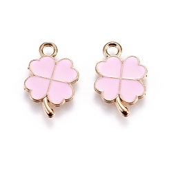 Pink Подвески из эмали и сплава, Четыре листа клевера, золотой свет, розовые, 18x12x1 мм, отверстие : 2.5 мм