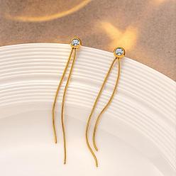 Golden 304 Stainless Steel Cubic Zirconia Tassel Earrings, Round, Stud Earrings for Women, Golden, 100mm