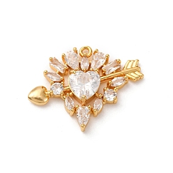 Настоящее золото 18K Латунные микро проложить кубического циркония подвески, подвески в виде сердца и стрел, долговечный, без никеля , реальный 18 k позолоченный, 21x26x5 мм, отверстие : 1.2 мм