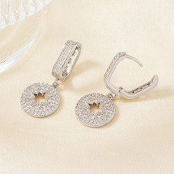 Серебро Серьги-кольца ко Дню святого Валентина из латуни с прозрачным кубическим цирконием, плоские, круглые, с полой звездой, серебряные, 31x13 мм