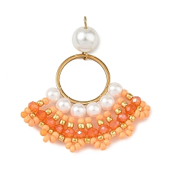 Orange 304 Stainless Steel & Glass Seed Beaded Pendants, Fan Charm, Orange, 43x37x8.5mm, Hole: 2.5mm