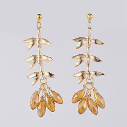 Yellow Dangle Stud Earring, with Electroplate Glass Beads, Brass Links and Cardboard Packing Box, Bamboo, Yellow, 61mm, Pin: 0.7mm