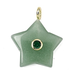 Зеленый Авантюрин Естественный зеленый авантюрин подвески, Подвески в виде звезд с латунными фианитами в оправе из кубического циркония, золотые, 35.5~37x29.5~31.5x8.5~10.5 мм, отверстие : 4 мм
