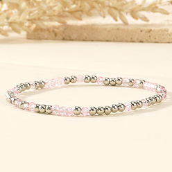 Pink Эластичные браслеты из стекла и 304 нержавеющей стали с бусинами для женщин, рондель, цвет нержавеющей стали, розовые, 6.89 дюйм (17.5 см)