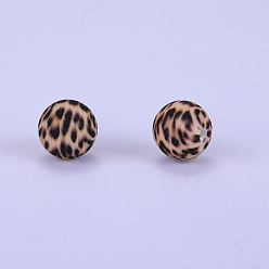 Sienna Printed Round with Leopard Print Pattern Silicone Focal Beads, Sienna, 15x15mm, Hole: 2mm