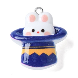 Полуночно-синий Подвески из непрозрачной смолы цирк, с платиновыми железными петлями, кролик в шляпе, 28.5x24.5x10 мм, отверстие : 1.8 мм