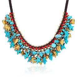 Бледно-бирюзовый Нагрудник ожерелья, с синтетическими бирюзовых бус, вощеный шнур и латунные бусы, золотые, бледные бирюзовая, 16.54 дюйм (42 см)