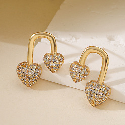Сердце Серьги-гвоздики из латуни с прозрачными кубическими циркониями, золотые, сердце, 19x16 мм