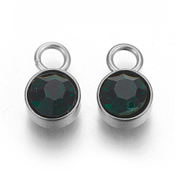 Изумруд Стеклянные украшения из горного хрусталя, очарование камня, с цветным тоном нержавеющей стали 201 фурнитура из нержавеющей стали, плоско-круглые, изумруд, 10x6x5 мм, отверстие : 2 мм