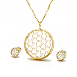 Золотой Комплекты из полых круглых серег-гвоздиков и ожерелий с кубическим цирконием и стеклом из нержавеющей стали, золотые, ожерелья: 304 дюйм (25.59 см)