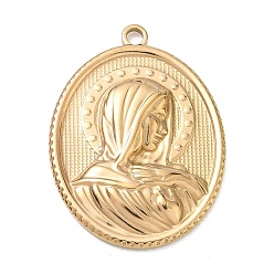 Doré  Pendentifs en acier inoxydable religion 201, ovale avec breloques vierge marie, or, 36x26x3.5mm, Trou: 2.5mm