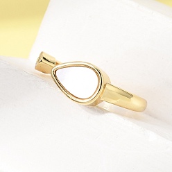 Teardrop Brass Micro Pave Cubic Zirconia Open Cuff Rings, with Shell, Real 16K Gold Plated, Teardrop, 7mm, Inner Diameter: 17mm