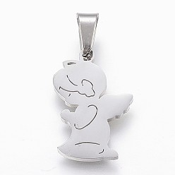 Couleur Acier Inoxydable Pendentifs en acier inoxydable résistants au ternissement, ange de prière, couleur inox, 304mm, Trou: 20x13.5x2.1mm
