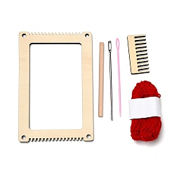 PapayaWhip Rectangle Wooden Weaving Loom Kits, with 1Pc Iron Needle, Round Rod Stick, 1 Bundle Wool Threads, Hand Knitting Tools, PapayaWhip, 20.5x13.5cm