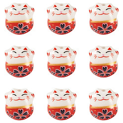Красный 9шт. фарфоровые бусины ручной работы с принтом, Lucky Cat, красные, 13x14x11 мм, отверстие : 2 мм