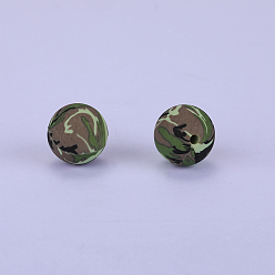 Olive Drab Printed Round Silicone Focal Beads, Olive Drab, 15x15mm, Hole: 2mm