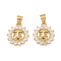Настоящее золото 18K Латунные микропаве прозрачные кубические циркониевые подвески, цветок и слово fe очарование, долговечный, без кадмия и без свинца, реальный 18 k позолоченный, 15x13.5x3 мм, отверстие : 5x3.5 мм