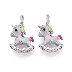Платинированный Подвески из латуни с микропаве из кубических цирконий и эмали, прелести единорога, светло-серый, Реальная платина, 27.5x16.5x8 мм, отверстие : 4 мм, лошадь: 19x16.5x8