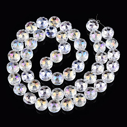 Clear AB Electroplate Glass Beads Strands, Frosted, Rainbow Plated, Faceted, Flat Round, Clear AB, 12x8~9mm, Hole: 1mm, about 50pcs/strand, 23.62 inch